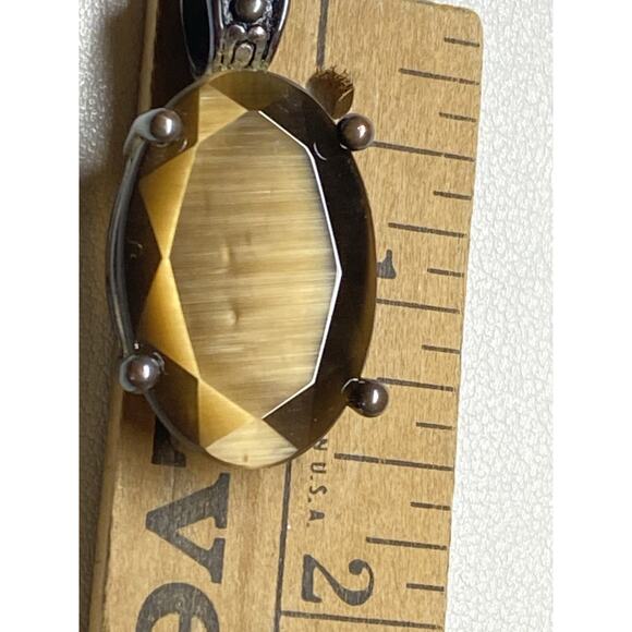 Vintage Brass Tiger’s Eye Pendant Oval Faceted Cabochon Boho Goth Fairy Artisan - Picture 11 of 13
